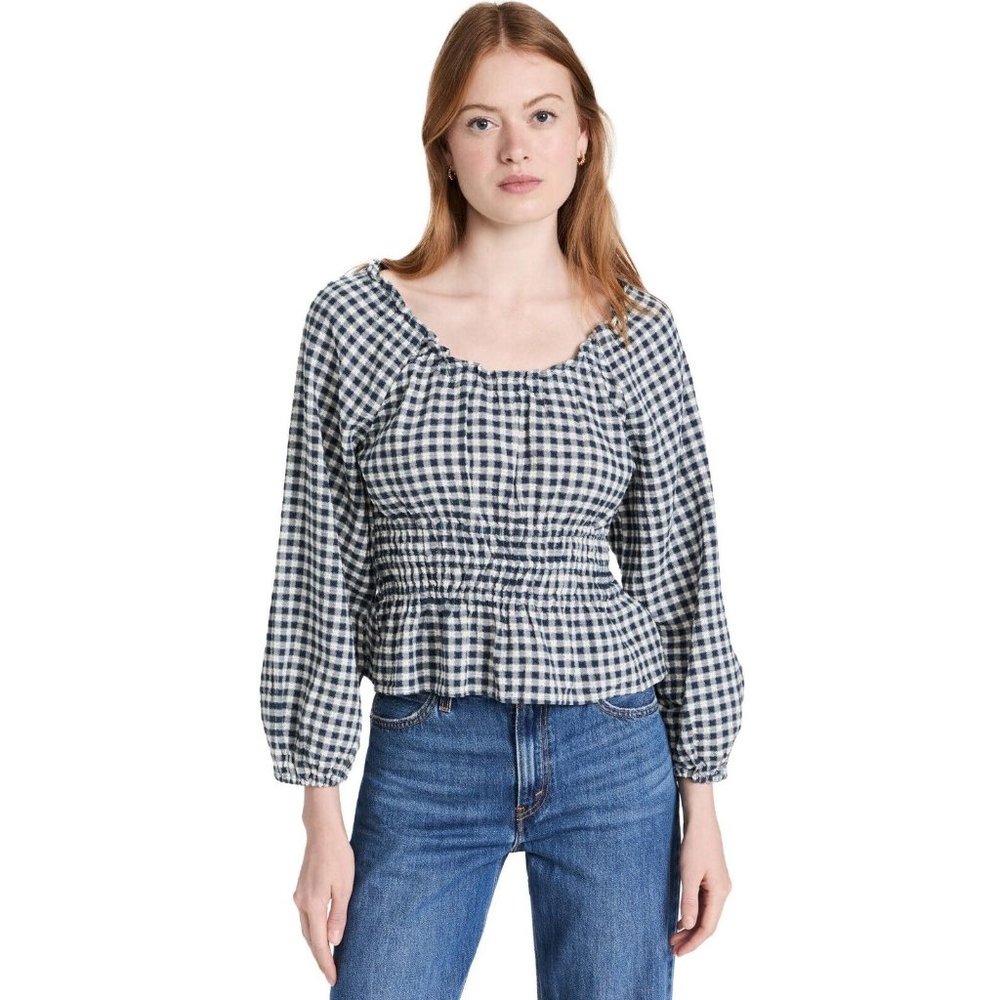 Madewell Womens Sophie Top 2XS Navy Blue Gingham Peasant Smocked Long Sleeve '22